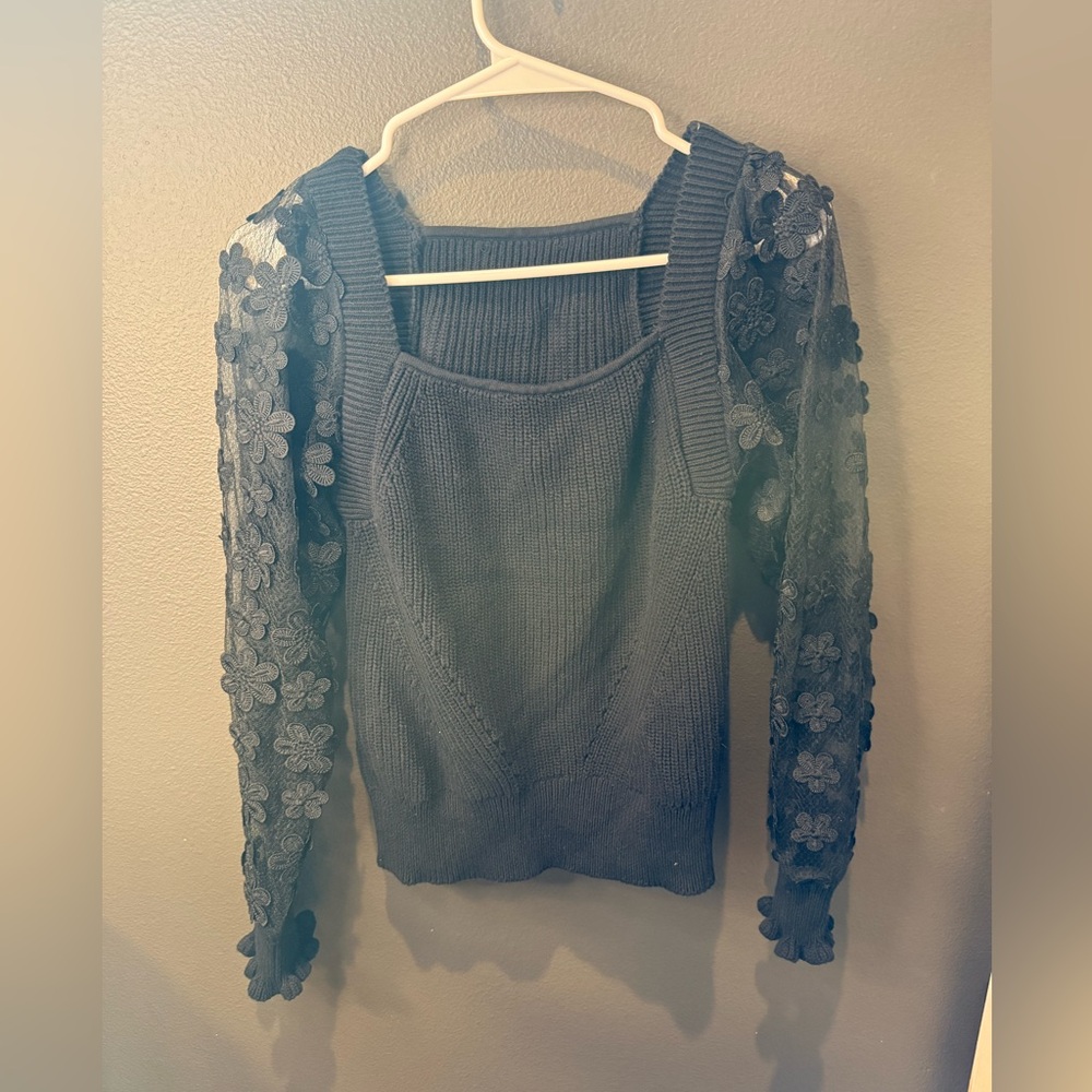 Women's Long Sleeve Floral Lace Sleeve Knit Top - Slate Blue